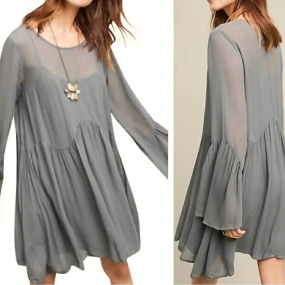 Lacausa Anthropologie Sheer Babydoll Flowy Boho Dress Sage Green Oversized NWT - Picture 9 of 9